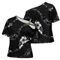 Aloha Hawaii Floral Tapa Cross Shoulder Shirt Patchwork Charcoal - Polynesian Pride