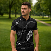 Aloha Hawaii Floral Tapa Zipper Polo Shirt Patchwork Charcoal - Polynesian Pride