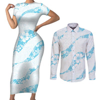 Aloha Hawaii Floral Tapa Couples Matching Short Sleeve Bodycon Dress and Long Sleeve Button Shirt Patchwork Turquoise - Polynesian Pride