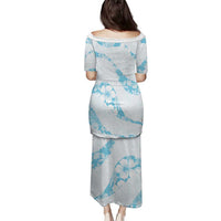 Aloha Hawaii Floral Tapa Family Matching Puletasi and Hawaiian Shirt Patchwork Turquoise - Polynesian Pride