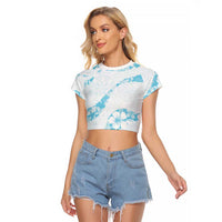 Aloha Hawaii Floral Tapa Raglan Cropped T Shirt Patchwork Turquoise - Polynesian Pride