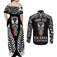 Personalised Kia Kaha Te Reo Maori Couples Matching Off Shoulder Maxi Dress and Long Sleeve Button Shirts Hei Tiki Mix Koru - Black LT7 - Polynesian Pride