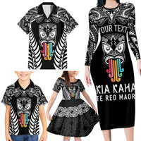 Personalised Kia Kaha Te Reo Maori Family Matching Long Sleeve Bodycon Dress and Hawaiian Shirt Hei Tiki Mix Koru - Black LT7 - Polynesian Pride