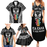 Personalised Kia Kaha Te Reo Maori Family Matching Summer Maxi Dress and Hawaiian Shirt Hei Tiki Mix Koru - Black LT7 - Polynesian Pride