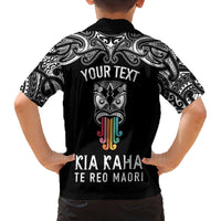 Personalised Kia Kaha Te Reo Maori Kid Hawaiian Shirt Hei Tiki Mix Koru - Black LT7 - Polynesian Pride