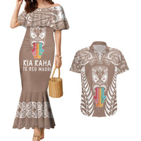 Personalised Kia Kaha Te Reo Maori Couples Matching Mermaid Dress and Hawaiian Shirt Hei Tiki Mix Koru - Brown LT7 Brown - Polynesian Pride