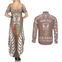 Personalised Kia Kaha Te Reo Maori Couples Matching Summer Maxi Dress and Long Sleeve Button Shirts Hei Tiki Mix Koru - Brown LT7 - Polynesian Pride