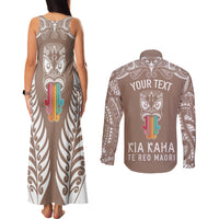 Personalised Kia Kaha Te Reo Maori Couples Matching Tank Maxi Dress and Long Sleeve Button Shirts Hei Tiki Mix Koru - Brown LT7 - Polynesian Pride