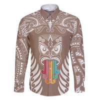 Personalised Kia Kaha Te Reo Maori Family Matching Summer Maxi Dress and Hawaiian Shirt Hei Tiki Mix Koru - Brown LT7 Dad's Shirt - Long Sleeve Brown - Polynesian Pride