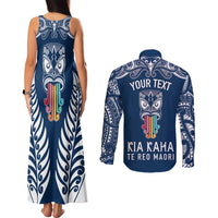 Personalised Kia Kaha Te Reo Maori Couples Matching Tank Maxi Dress and Long Sleeve Button Shirts Hei Tiki Mix Koru - Navy Blue LT7 - Polynesian Pride