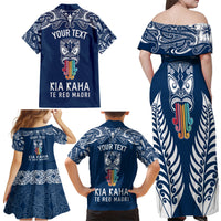 Personalised Kia Kaha Te Reo Maori Family Matching Off Shoulder Maxi Dress and Hawaiian Shirt Hei Tiki Mix Koru - Navy Blue LT7 - Polynesian Pride
