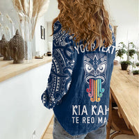 Personalised Kia Kaha Te Reo Maori Women Casual Shirt Hei Tiki Mix Koru - Navy Blue LT7 - Polynesian Pride
