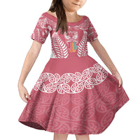 Personalised Kia Kaha Te Reo Maori Family Matching Off Shoulder Maxi Dress and Hawaiian Shirt Hei Tiki Mix Koru - Pink LT7 Daughter's Dress Pink - Polynesian Pride