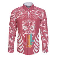 Personalised Kia Kaha Te Reo Maori Family Matching Puletasi Dress and Hawaiian Shirt Hei Tiki Mix Koru - Pink LT7 Dad's Shirt - Long Sleeve Pink - Polynesian Pride