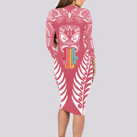 Personalised Kia Kaha Te Reo Maori Long Sleeve Bodycon Dress Hei Tiki Mix Koru - Pink LT7 - Polynesian Pride