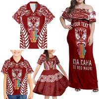 Personalised Kia Kaha Te Reo Maori Family Matching Off Shoulder Maxi Dress and Hawaiian Shirt Hei Tiki Mix Koru - Red LT7 - Polynesian Pride