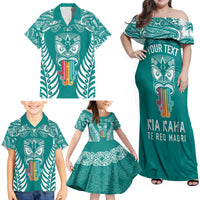Personalised Kia Kaha Te Reo Maori Family Matching Off Shoulder Maxi Dress and Hawaiian Shirt Hei Tiki Mix Koru - Teal LT7 - Polynesian Pride