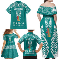 Personalised Kia Kaha Te Reo Maori Family Matching Off Shoulder Maxi Dress and Hawaiian Shirt Hei Tiki Mix Koru - Teal LT7 - Polynesian Pride