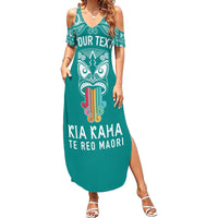 Personalised Kia Kaha Te Reo Maori Family Matching Summer Maxi Dress and Hawaiian Shirt Hei Tiki Mix Koru - Teal LT7 Mom's Dress Teal - Polynesian Pride