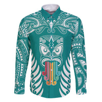 Personalised Kia Kaha Te Reo Maori Family Matching Tank Maxi Dress and Hawaiian Shirt Hei Tiki Mix Koru - Teal LT7 Dad's Shirt - Long Sleeve Teal - Polynesian Pride