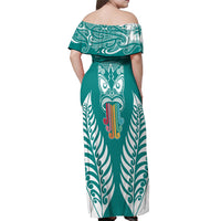 Personalised Kia Kaha Te Reo Maori Off Shoulder Maxi Dress Hei Tiki Mix Koru - Teal LT7 - Polynesian Pride