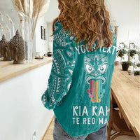 Personalised Kia Kaha Te Reo Maori Women Casual Shirt Hei Tiki Mix Koru - Teal LT7 - Polynesian Pride