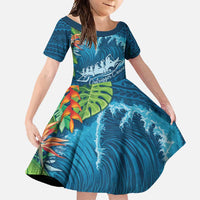 Outrigger Canoe Blue Family Matching Long Sleeve Bodycon Dress and Hawaiian Shirt On The Waves LT7 Daughter's Dress Blue - Polynesian Pride