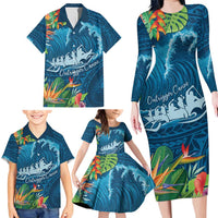 Outrigger Canoe Blue Family Matching Long Sleeve Bodycon Dress and Hawaiian Shirt On The Waves LT7 - Polynesian Pride