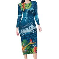 Outrigger Canoe Blue Family Matching Long Sleeve Bodycon Dress and Hawaiian Shirt On The Waves LT7 Mom's Dress Blue - Polynesian Pride