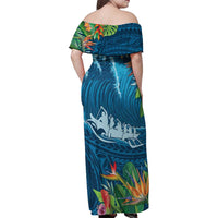Outrigger Canoe Blue Family Matching Off Shoulder Maxi Dress and Hawaiian Shirt On The Waves LT7 - Polynesian Pride
