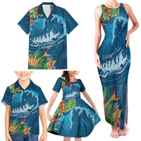 Outrigger Canoe Blue Family Matching Tank Maxi Dress and Hawaiian Shirt On The Waves LT7 - Polynesian Pride