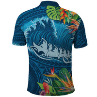 Outrigger Canoe Blue Polo Shirt On The Waves