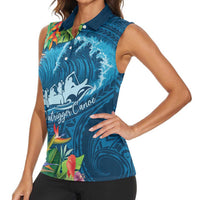 Outrigger Canoe Blue Women Sleeveless Polo Shirt On The Waves LT7 - Polynesian Pride