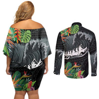 Outrigger Canoe Black Couples Matching Off Shoulder Short Dress and Long Sleeve Button Shirt On The Waves