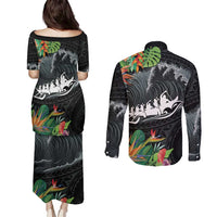 Outrigger Canoe Black Couples Matching Puletasi and Long Sleeve Button Shirt On The Waves