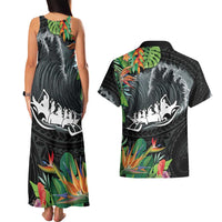 Outrigger Canoe Black Couples Matching Tank Maxi Dress and Hawaiian Shirt On The Waves