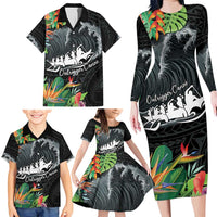 Outrigger Canoe Black Family Matching Long Sleeve Bodycon Dress and Hawaiian Shirt On The Waves LT7 - Polynesian Pride