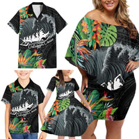 Outrigger Canoe Black Family Matching Off Shoulder Short Dress and Hawaiian Shirt On The Waves LT7 - Polynesian Pride