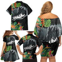 Outrigger Canoe Black Family Matching Off Shoulder Short Dress and Hawaiian Shirt On The Waves LT7 - Polynesian Pride