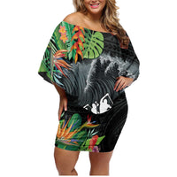 Outrigger Canoe Black Family Matching Off Shoulder Short Dress and Hawaiian Shirt On The Waves LT7 Mom's Dress Black - Polynesian Pride
