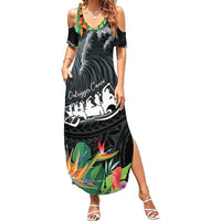 Outrigger Canoe Black Family Matching Summer Maxi Dress and Hawaiian Shirt On The Waves LT7 Mom's Dress Black - Polynesian Pride