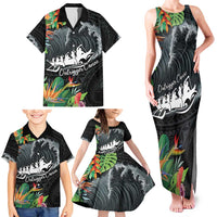 Outrigger Canoe Black Family Matching Tank Maxi Dress and Hawaiian Shirt On The Waves LT7 - Polynesian Pride