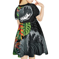 Outrigger Canoe Black Kid Short Sleeve Dress On The Waves LT7 - Polynesian Pride