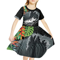 Outrigger Canoe Black Kid Short Sleeve Dress On The Waves LT7 - Polynesian Pride