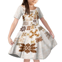 Vintage Hawaii Family Matching Tank Maxi Dress and Hawaiian Shirt Hawaiian Quilt Kapa Mismatch Beige LT7 Daughter's Dress Beige - Polynesian Pride