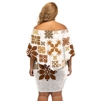 Vintage Hawaii Off Shoulder Short Dress Hawaiian Quilt Kapa Mismatch Beige LT7 - Polynesian Pride