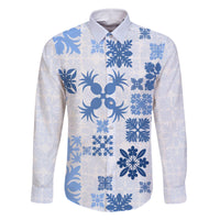 Vintage Hawaii Family Matching Off Shoulder Short Dress and Hawaiian Shirt Hawaiian Quilt Kapa Mismatch Blue LT7 Dad's Shirt - Long Sleeve Blue - Polynesian Pride