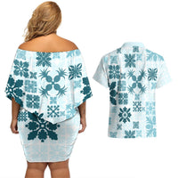 Vintage Hawaii Couples Matching Off Shoulder Short Dress and Hawaiian Shirt Hawaiian Quilt Kapa Mismatch Teal LT7 - Polynesian Pride