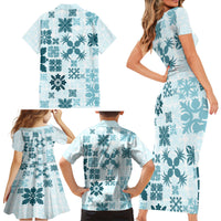 Vintage Hawaii Family Matching Short Sleeve Bodycon Dress and Hawaiian Shirt Hawaiian Quilt Kapa Mismatch Teal LT7 - Polynesian Pride