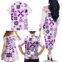 Vintage Hawaii Family Matching Off Shoulder Long Sleeve Dress and Hawaiian Shirt Hawaiian Quilt Kapa Mismatch Purple LT7 - Polynesian Pride